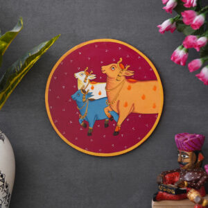 Hand Painted Pichwai Painting | Three Cows in Circular Formation on Red Background | Traditional Indian Wall Art for Home Décor & Vastu Spiritual Gift