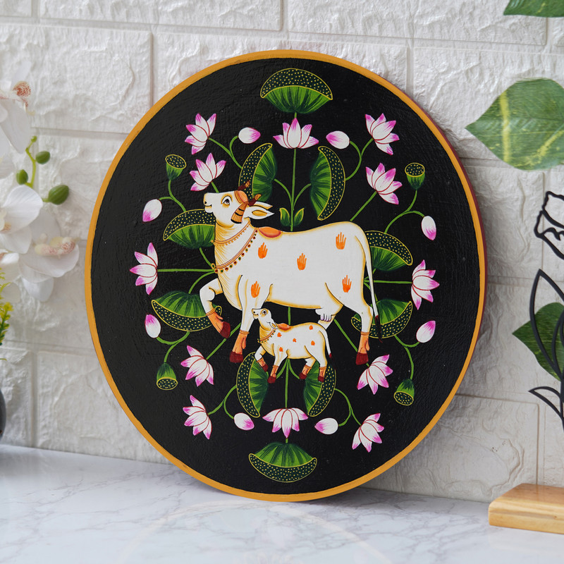 Hand Painted Pichwai Painting | Mother Cow & Calf with Floral Motifs | Traditional Indian Wall Art for Home Décor, Vastu & Spiritual Gift - Image 4