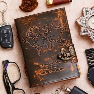 Worldmap Embossed | Vintage Handmade Genuine Leather Journal | Premium Antique Lock Closure | 200 Handmade Brown Pages
