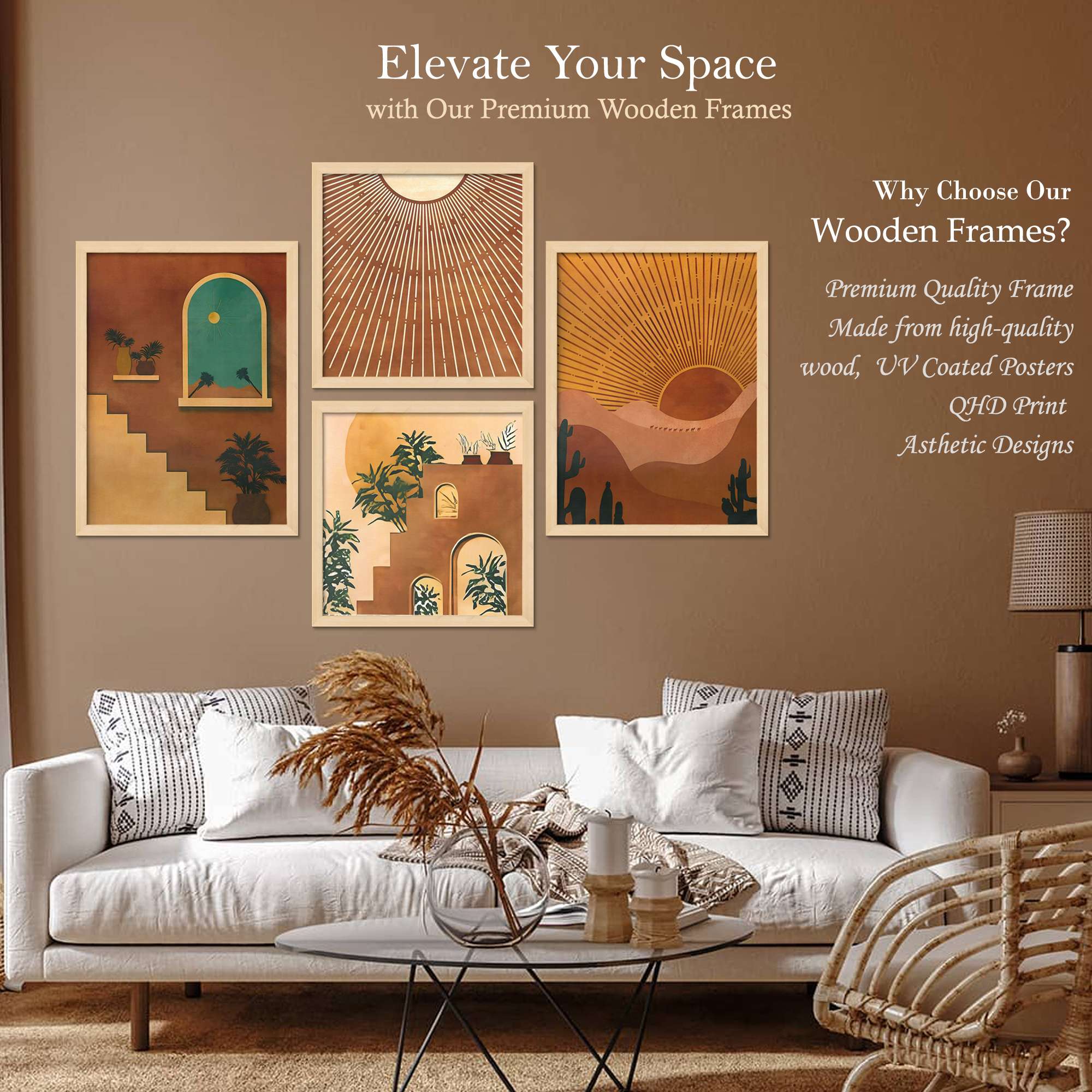 Set of 4 Premium Framed Digital Aesthetic Bohemian Wall Art | Modern Boho Hanging Prints for Home Décor, Living Room & Bedroom - Image 2