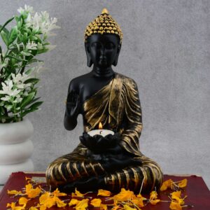 Buddha Statue Tea Light Holder | Black & Golden Finish Decorative Showpiece for Home Décor | Meditating Candle Holder