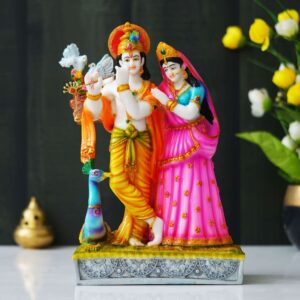 Radha Krishna with Peacock Handpainted Idol | Polyresin Dust Marble Finish Krishna Ji Statue for Home Décor, Puja Mandir & Gifting | Spiritual Marble Showpiece Murti