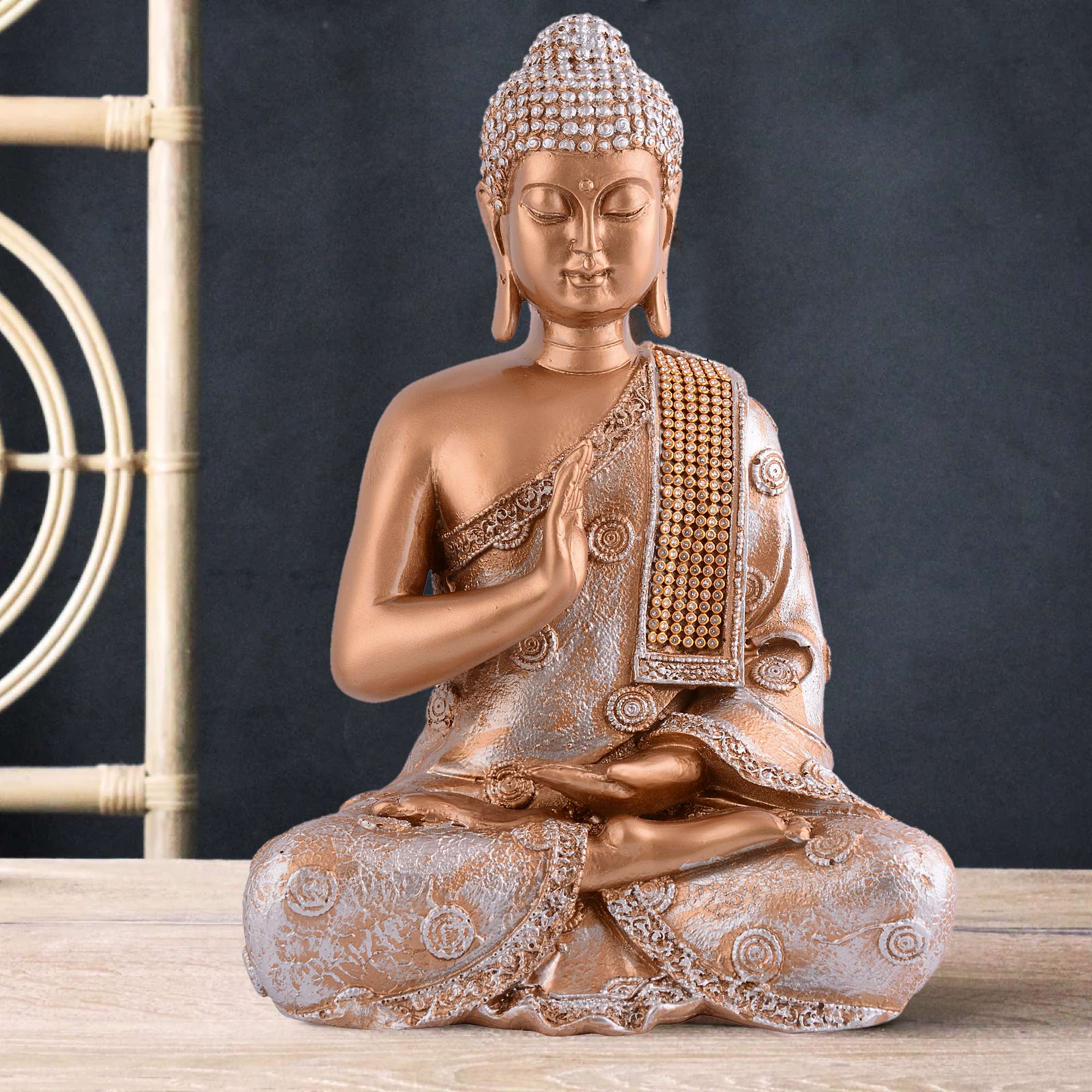 Meditating Buddha Statue | Brown & Silver Polyresin Idol | Decorative Showpiece for Living Room, Bedroom & Office Décor (11 Inch)