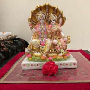 Handcrafted Marble Lord Laxmi Narayan Idol | Vishnu Lakshmi Sitting on Sheshnag Statue for Home Décor, Puja Mandir & Gifting | Spiritual Marble Murti Showpiece