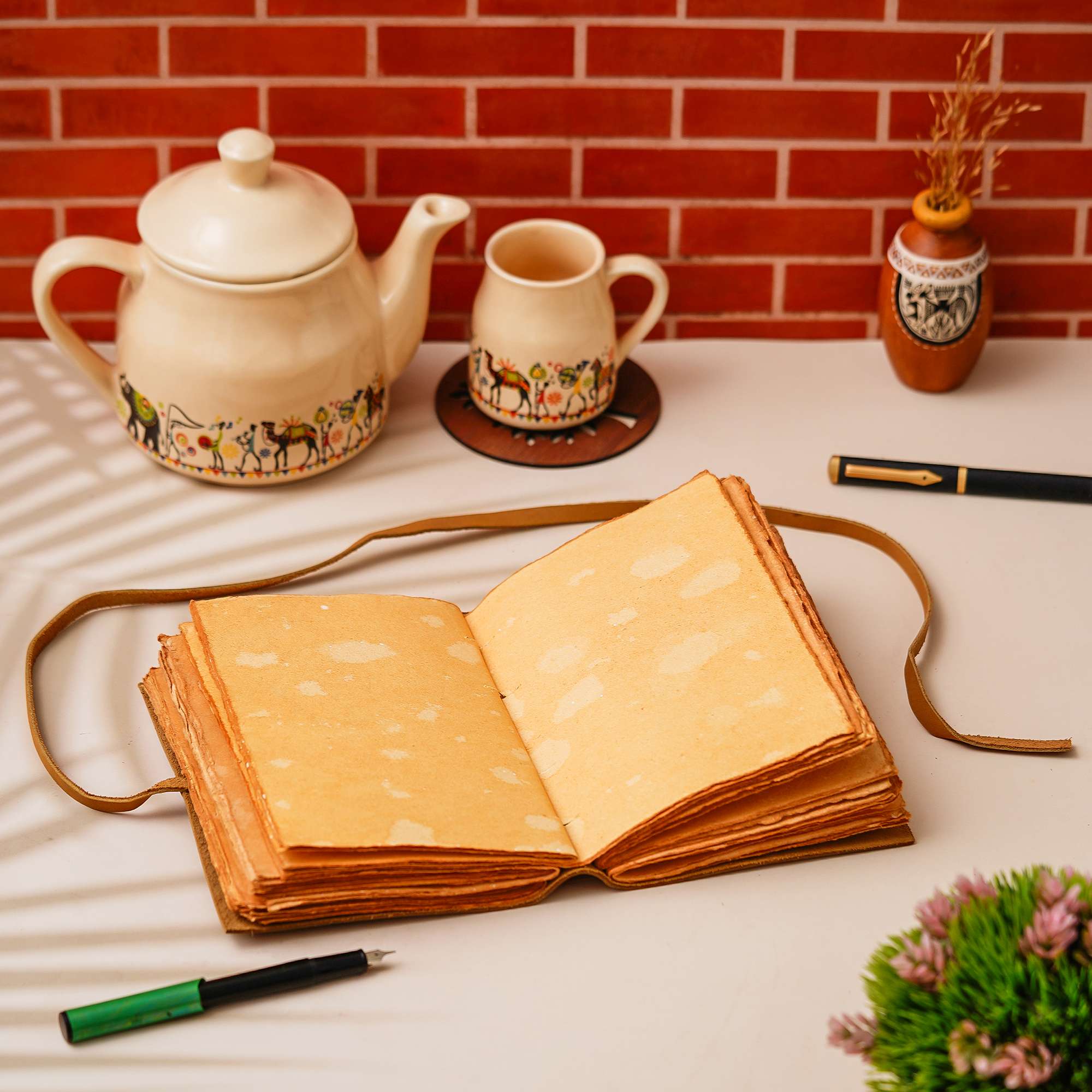 Sun & Moon | Vintage Handmade Genuine Leather Journal | Premium Antique String Closure | 200 Handmade Brown Pages - Image 2