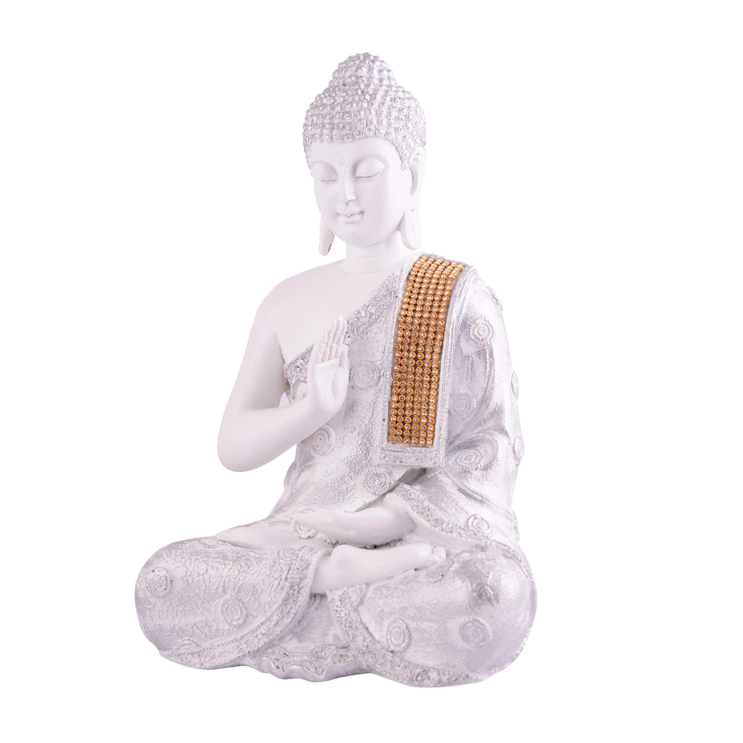 Meditating Buddha Statue | White & Silver Polyresin Idol | Decorative Showpiece for Living Room, Bedroom & Office Décor (11 Inch) - Image 2