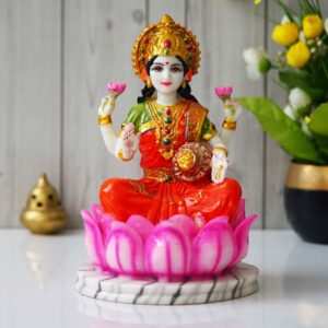 Goddess Lakshmi Handpainted Idol | Polyresin Dust Marble Finish Laxmi Mata Statue for Home Décor, Puja Mandir & Gifting | Spiritual Marble Showpiece Murti