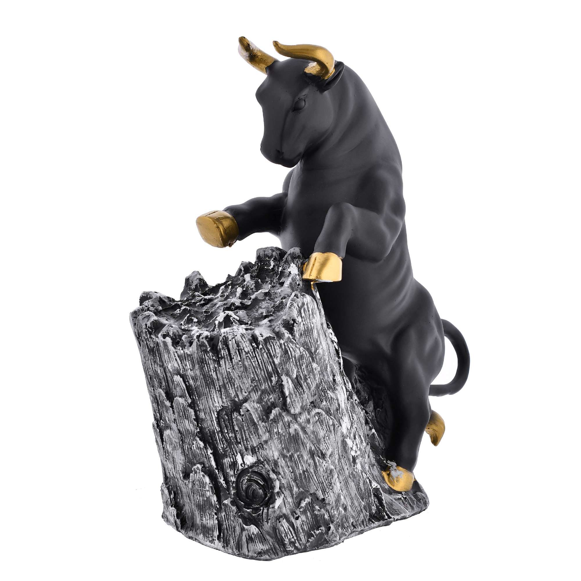 Black Bull Figurine with Golden Horns | Polyresin Climbing on Rock Showpiece for Modern Home Décor, Office Table & Gifting - Image 4