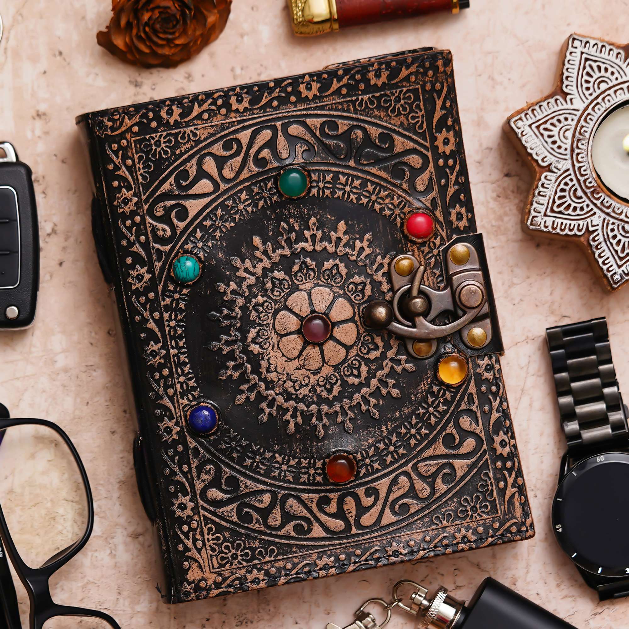 Six Gemstone Studded with Mandala | Vintage Handmade Genuine Leather Journal | Premium Antique Lock Closure | 200 Handmade White Pages