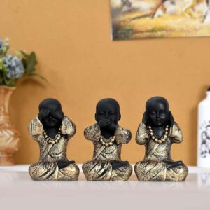 Baby Monk Showpiece Trio | Elegant Gold & Black Polyresin Figurines for Home Décor & Meditation Spaces