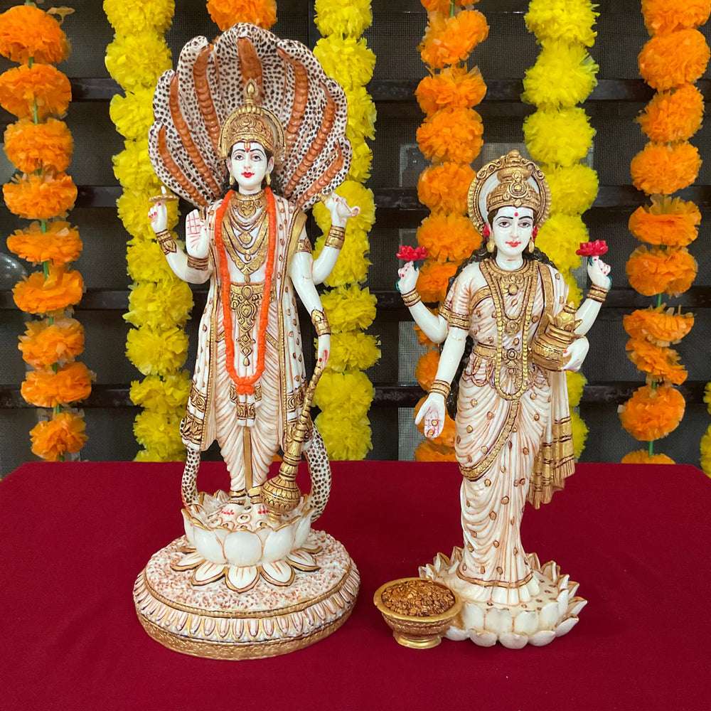 Handcrafted Marble Lord Vishnu & Goddess Lakshmi Standing Idol | Divine Vishnu Lakshmi Statue for Home Décor, Puja Mandir & Gifting | Spiritual Marble Murti Showpiece