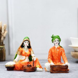 Colorful Rajasthani Cultural Statue Set | Musician Men & Grain Grinding Woman Figurines for Home Décor