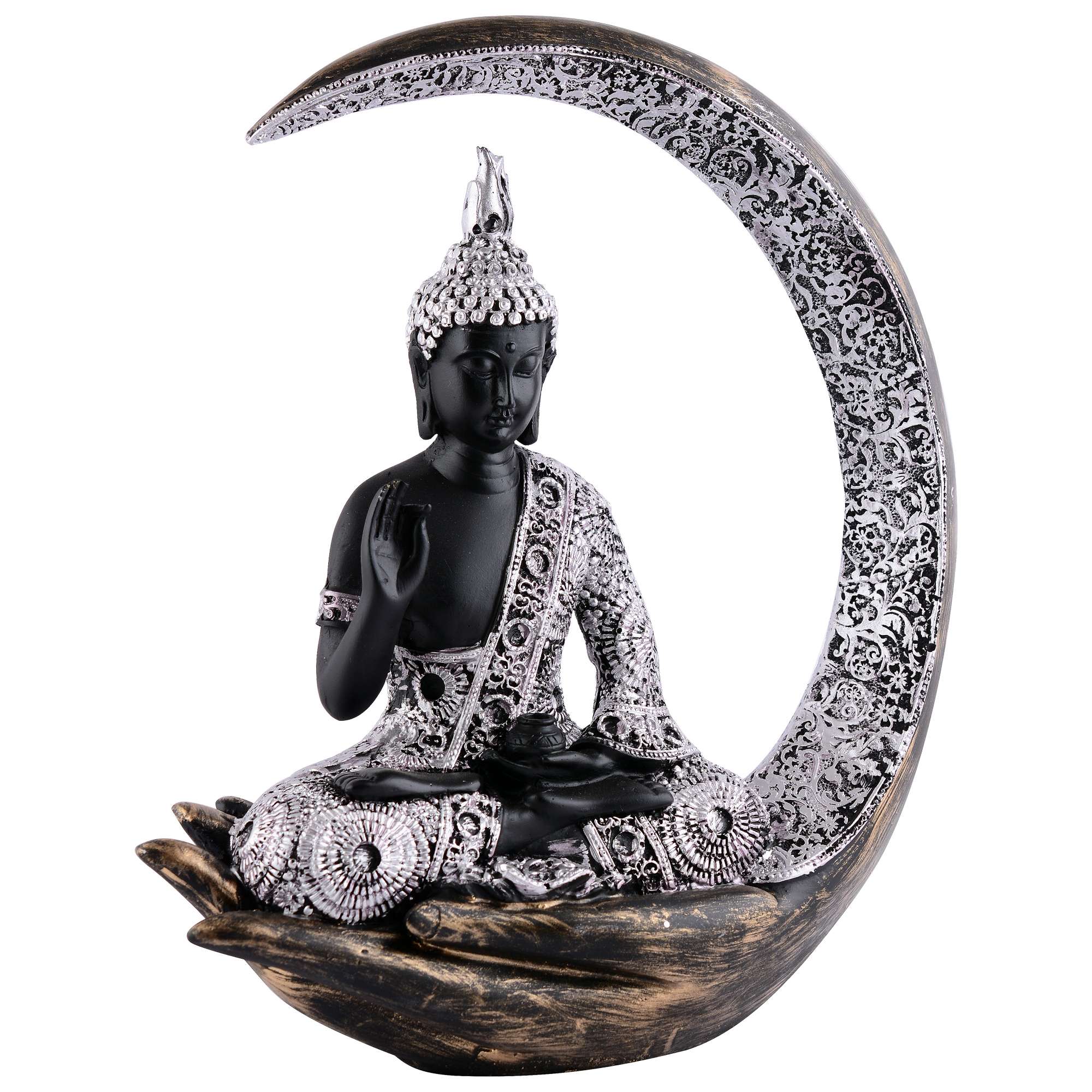 Antique Big Meditating Buddha Statue (9 Inch) | Black & Silver Moon Idol | Polyresin Decorative Figurine for Home, Office & Housewarming Gift - Image 2