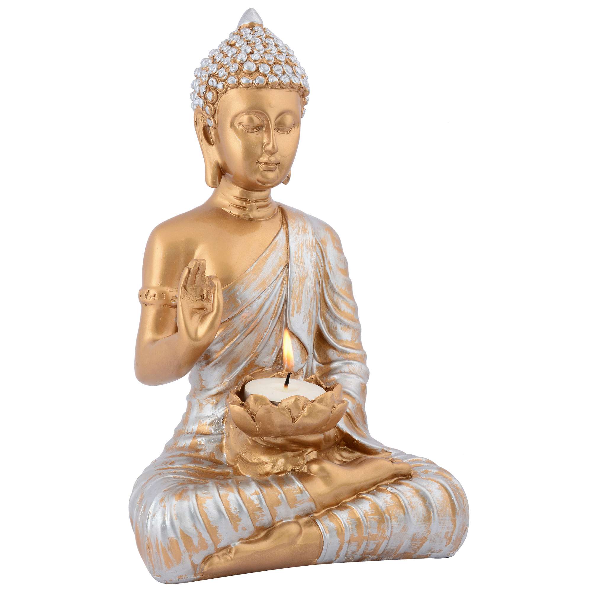 Buddha Statue Tea Light Holder | Brown & Silver Finish Decorative Showpiece for Home Décor | Meditating Candle Holder - Image 2