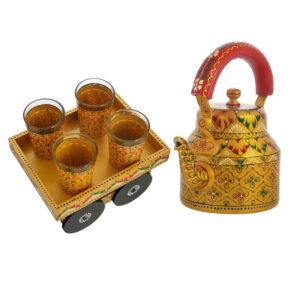 Hand Painted Aluminum Tea Kettle Set with 4 Glasses & Wooden Tray | Multicolor Home Décor for Tea Party Serving | Unique Gift