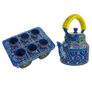 Hand Painted Aluminum Tea Kettle Set with 6 Glasses & Wooden Tray | Multicolor Home Décor for Tea Party Serving | Unique Gift