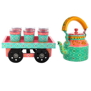 Hand Painted Aluminum Tea Kettle Set with 6 Glasses & Wooden Tray | Multicolor Home Décor for Tea Party Serving | Unique Gift