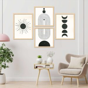Set of 4 Premium Framed Digital Mid-Century Modern Boho Abstract Wall Art | Ready-to-Hang Prints for Living Room, Bedroom & Home Décor