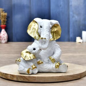 Decorative White Elephant Family Showpiece | Polyresin Mom & Baby Figurines for Living Room & Office