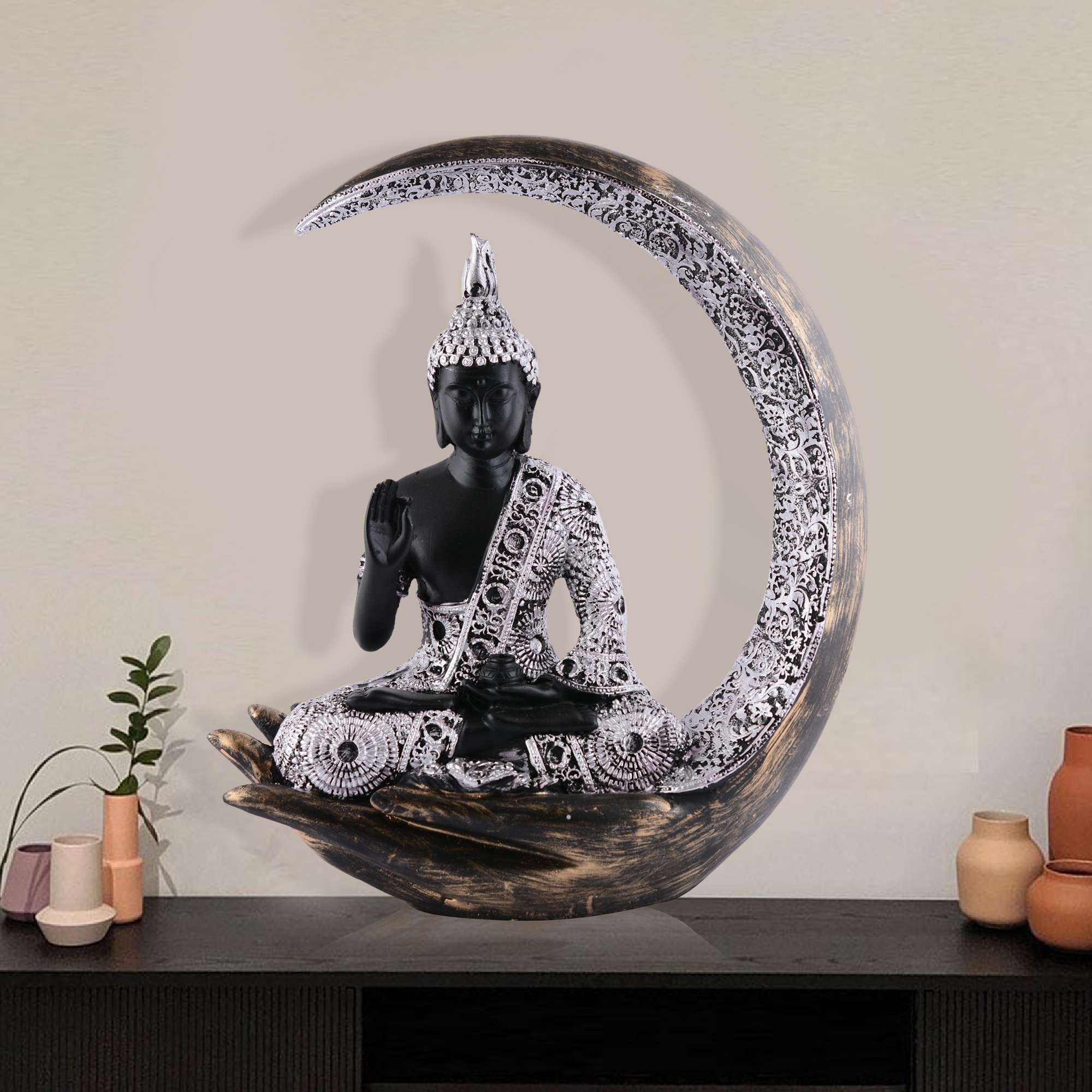 Antique Big Meditating Buddha Statue (9 Inch) | Black & Silver Moon Idol | Polyresin Decorative Figurine for Home, Office & Housewarming Gift