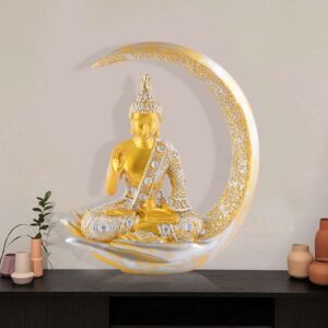 Antique Big Meditating Buddha Statue (9 Inch) | Gold & Silver Moon Idol | Polyresin Decorative Figurine for Home, Office & Housewarming Gift