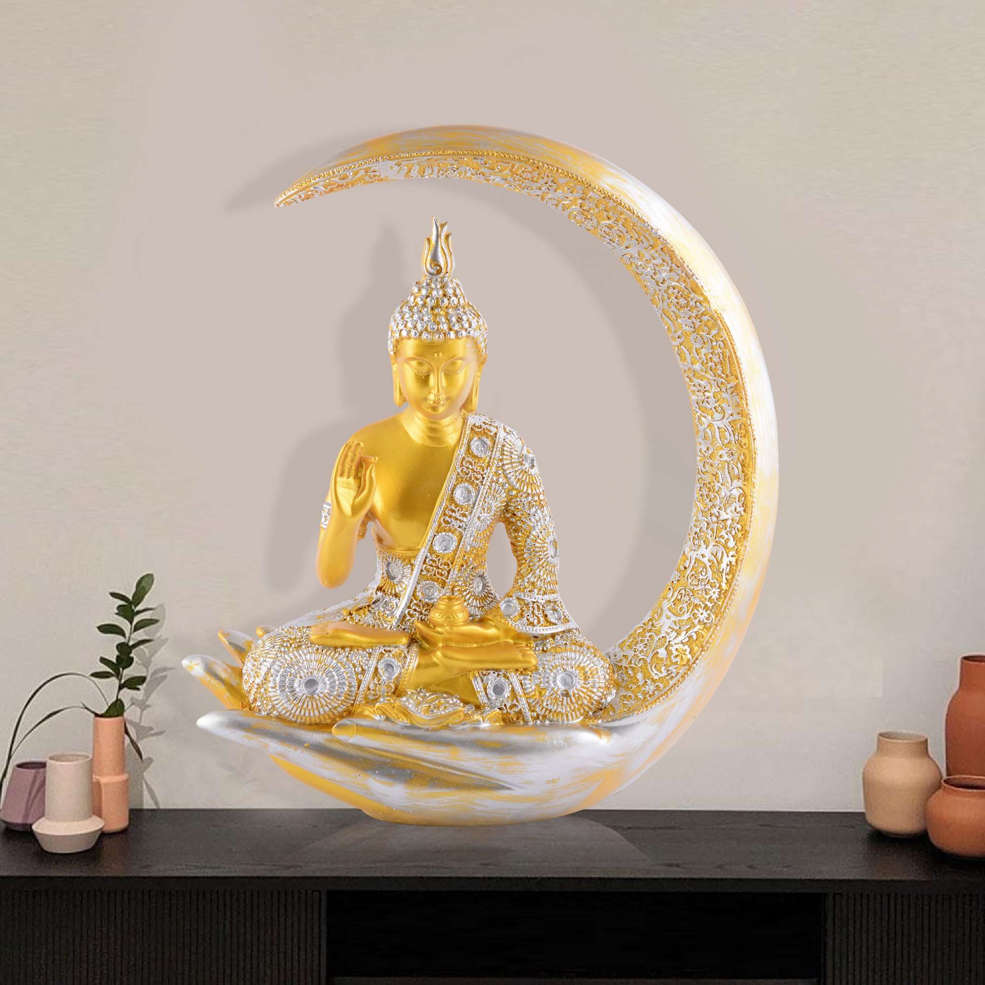 Antique Big Meditating Buddha Statue (9 Inch) | Gold & Silver Moon Idol | Polyresin Decorative Figurine for Home, Office & Housewarming Gift