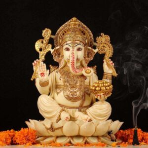 Handcrafted Marble Lord Ganesha Sitting on Lotus Idol | Divine Ganpati Murti for Home Décor, Puja Mandir & Gifting | Spiritual Marble Showpiece Statue