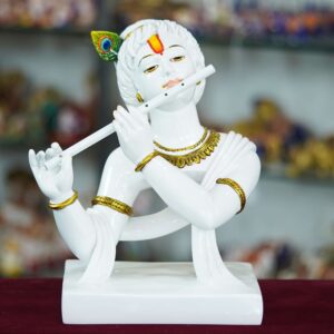 White Marble Lord Krishna Idol Playing Flute with Peacock Feather | Handcrafted Krishna Ji Statue for Home Décor, Puja Mandir & Gifting | Spiritual Marble Showpiece Murti