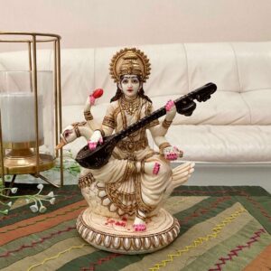 Handcrafted Marble Goddess Saraswati Idol | Divine Maa Saraswati Murti for Home Décor, Puja Mandir & Gifting | Spiritual Marble Showpiece Statue