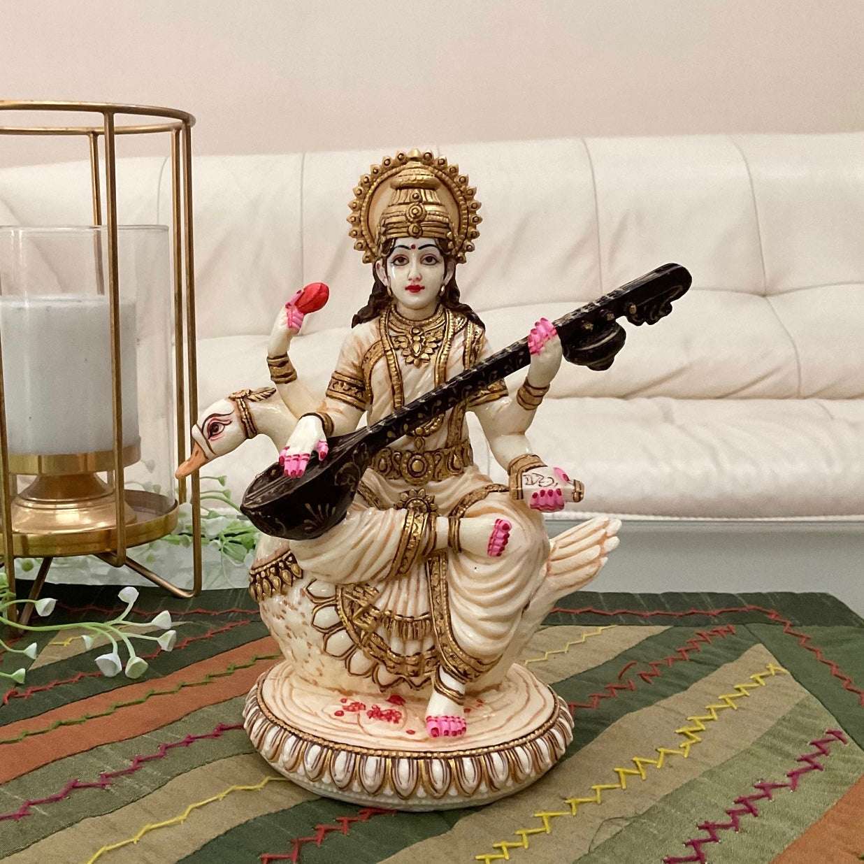 Handcrafted Marble Goddess Saraswati Idol | Divine Maa Saraswati Murti for Home Décor, Puja Mandir & Gifting | Spiritual Marble Showpiece Statue