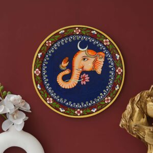 Pichwai Painting of Ganesha with Lotus & Half Moon | Hand Painted Lord Ganesha Idol Wall Art for Home Décor, Vastu & Spiritual Gift