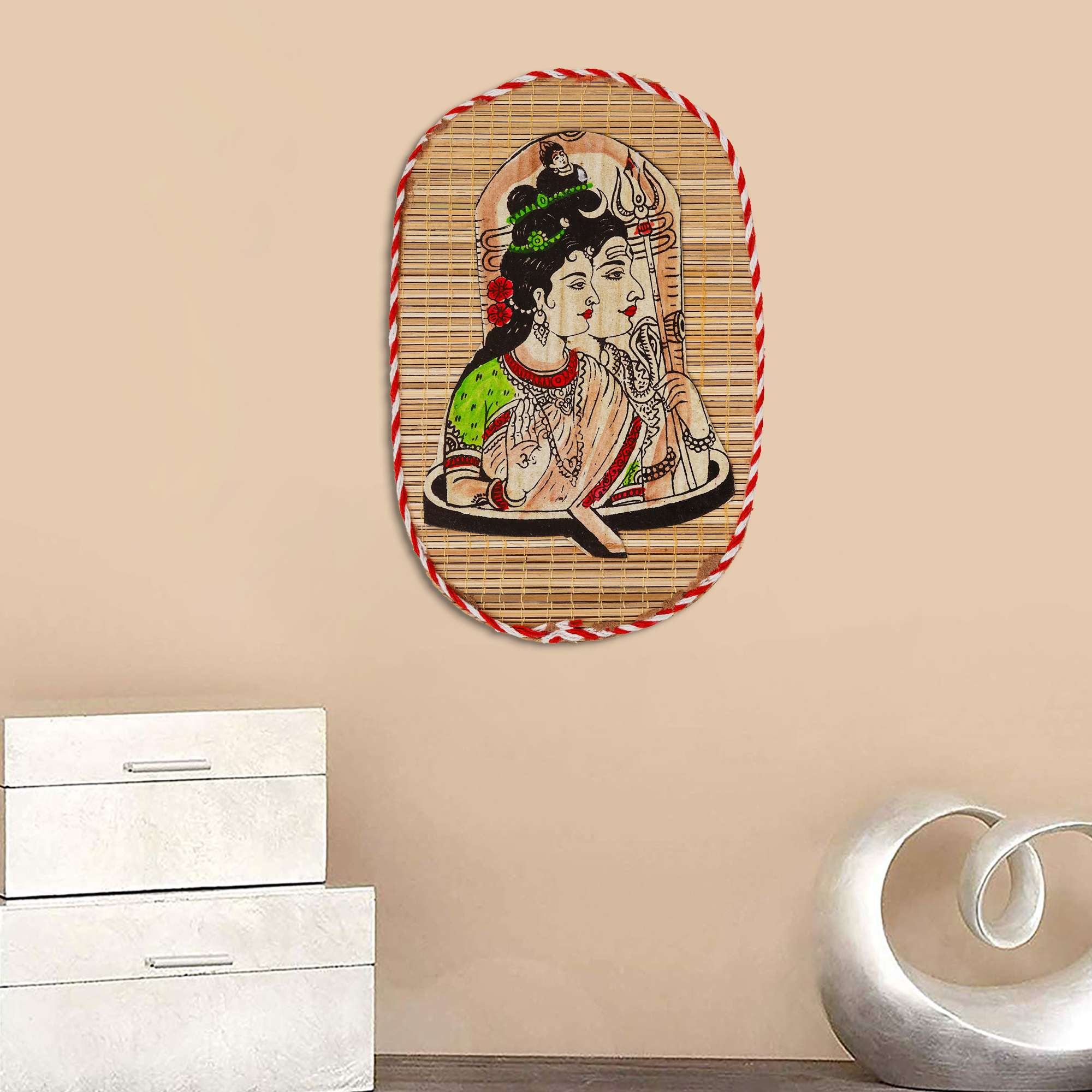 Oval Shaped Design Bamboo Hand Crafted Wall Hangings Of Shiv Shakti For Home Decor - Image 4