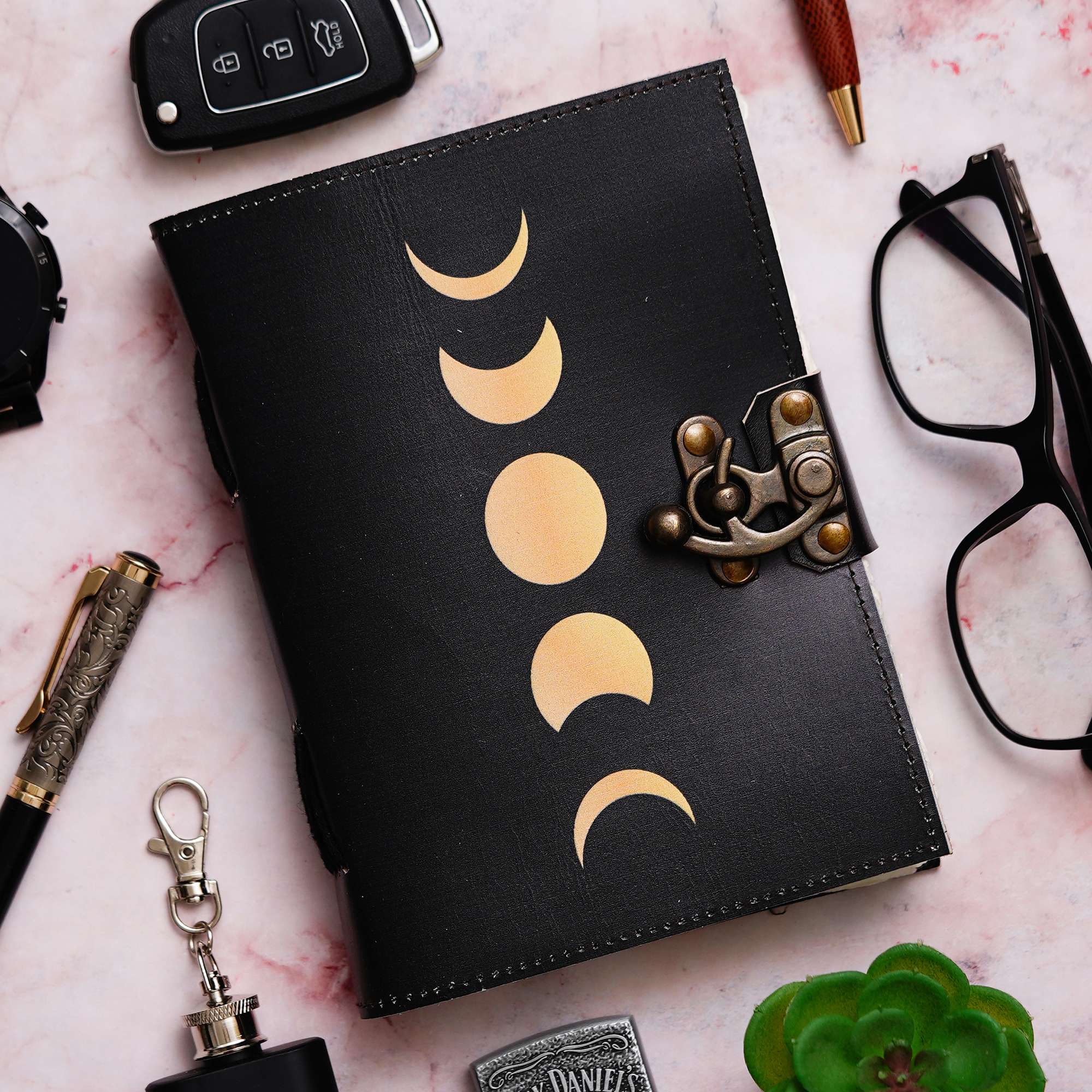 Moon Phases | Vintage Handmade Genuine Leather Diary Journal | Premium Antique String Closure, 200 Handmade Unruled Pages