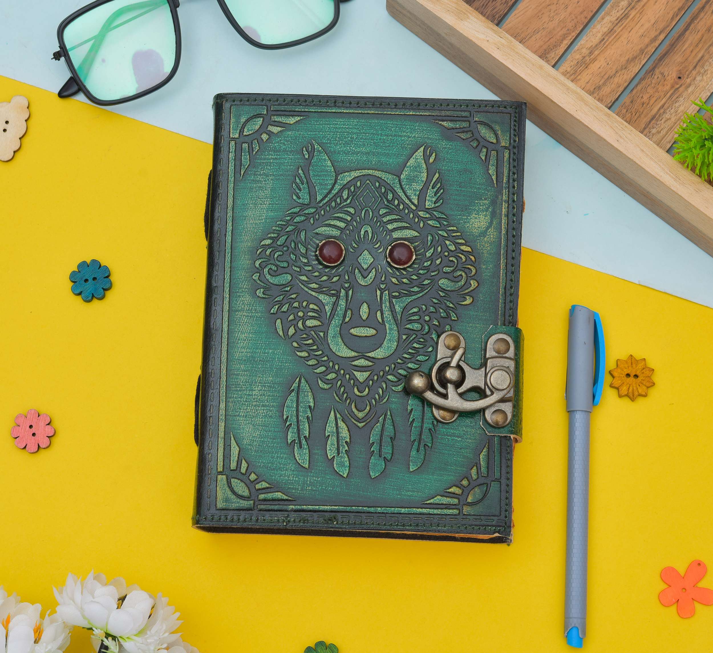 Wolf Embossed Genuine Leather Diary | Vintage Handmade Leather Journal | Premium Antique Lock Closure | 200 Handmade Deckle Edge Antique Pages