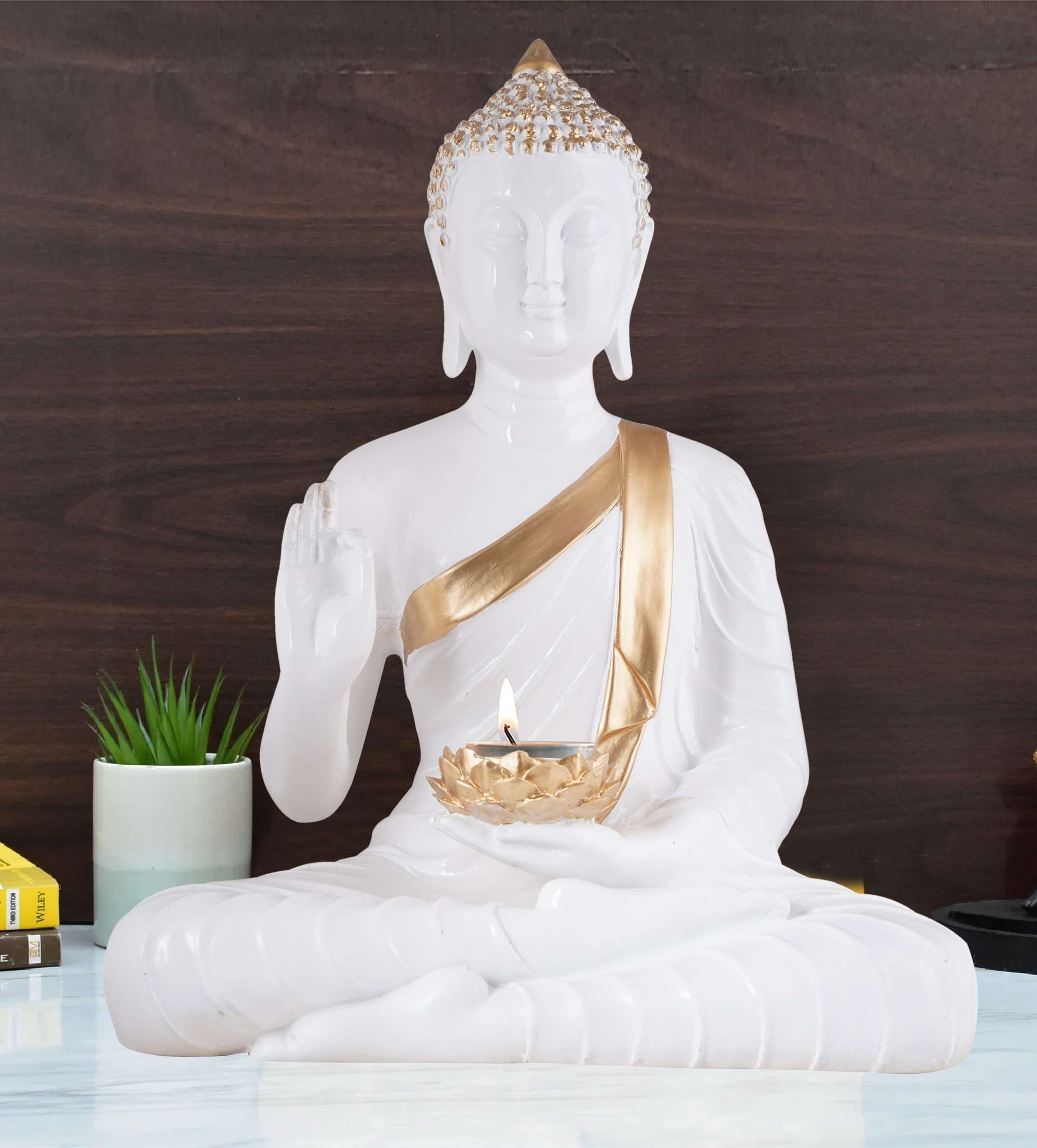 Meditating Buddha Statue | White & Brown Polyresin Idol | Decorative Showpiece for Living Room, Bedroom & Office Décor (11 Inch)