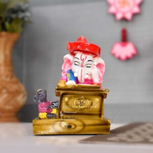 Lord Ganesha with Rat Reading Ramayana Handpainted Idol | Polyresin Dust Marble Finish Ganpati Statue for Home Décor, Puja Mandir & Gifting | Spiritual Marble Showpiece Murti