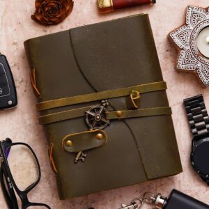 Green Diaries | Vintage Handmade Genuine Leather Journal | Premium Antique Key Design String Closure | 200 Handmade Brown Pages