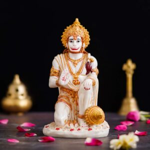 Blessing Lord Hanuman Idol in Sitting Position | Poly Marble Finish Hanuman Ji Statue for Home Décor, Puja Mandir & Gifting | Spiritual Marble Showpiece Murti