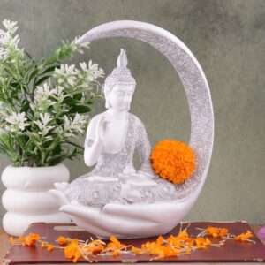 Antique Big Meditating Buddha Statue (9 Inch) | White & Silver Moon Idol | Polyresin Decorative Figurine for Home, Office & Housewarming Gift