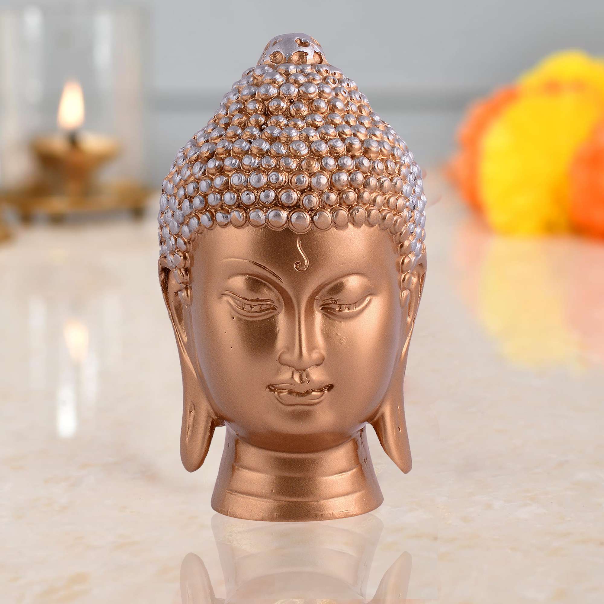 Meditating Buddha Head Idol Statue | Brown & Silver Polyresin Decorative Showpiece for Zen Home & Office Décor (5 Inch)