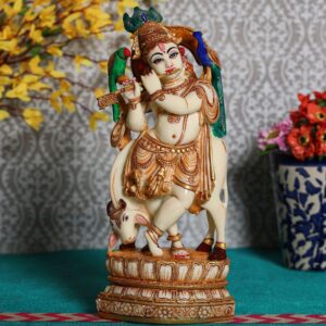 Handcrafted Marble Shri Krishna Standing with Cow Murti | Divine Krishna with Cow Idol for Home Décor, Puja Mandir & Gifting | Spiritual Marble Showpiece Statue