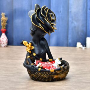 Black Lady Decorative Statue with Basket | Artistic Showpiece Figurine for Home & Office Decoration