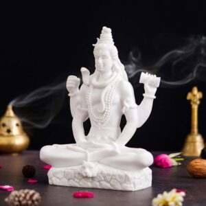 White Marble Meditating Lord Shiva Idol with Intricate Detailing | Handcrafted Shiv Ji Statue for Home Décor, Puja Mandir & Gifting | Spiritual Mahadev Marble Showpiece Murti