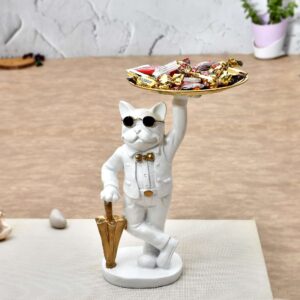 White Bulldog Statue Tabletop | Polyresin Figurine with Glasses, Umbrella & Tray for Home & Office Decoration