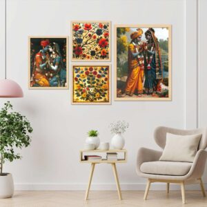 Set of 4 Premium Framed Digital Kangra Wall Art | Aesthetic Traditional Prints for Home Décor, Living Room & Bedroom