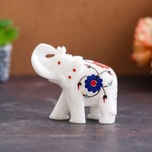 White Marble Elephant with Floral Inlay Work | Handcrafted Decorative Elephant Statue for Home Décor, Office & Gifting | Auspicious Vastu Marble Showpiece