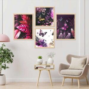 Set of 4 Premium Framed Digital Wall Art | Nature Inspired Butterfly & Botanical Leaf Prints for Living Room & Home Décor