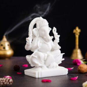 Pure White Indian Marble Lord Ganesha Idol | Handcrafted Ganpati Statue for Home Décor, Puja Mandir & Gifting | Elegant Spiritual Marble Showpiece Murti
