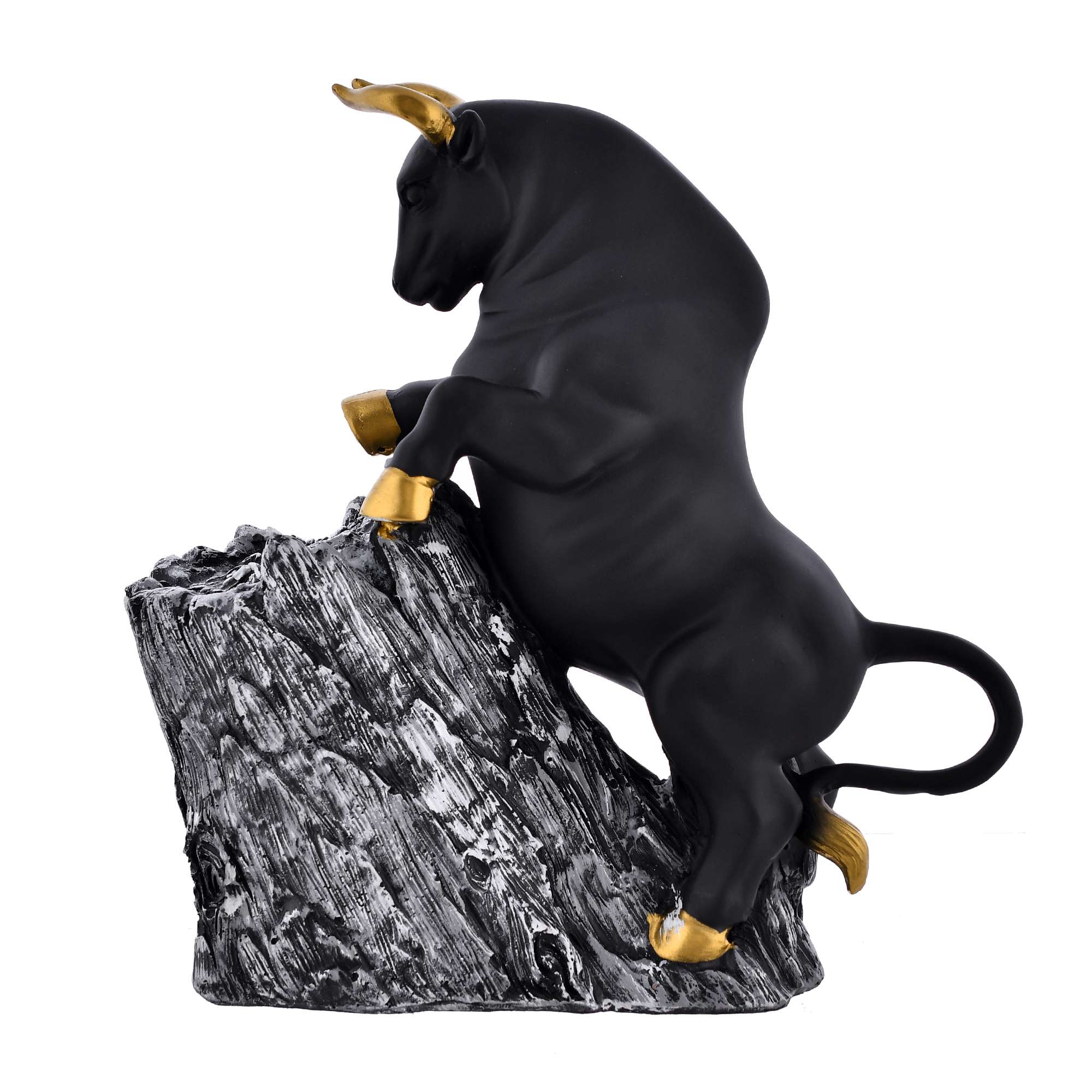 Black Bull Figurine with Golden Horns | Polyresin Climbing on Rock Showpiece for Modern Home Décor, Office Table & Gifting - Image 2
