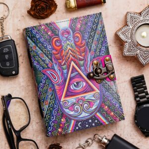 Hamsa hand goddess colorful wiccan triangle with eye | Vintage Handmade Genuine Leather Diary Journal | Premium Antique String Closure | 200 Handmade Unruled Pages